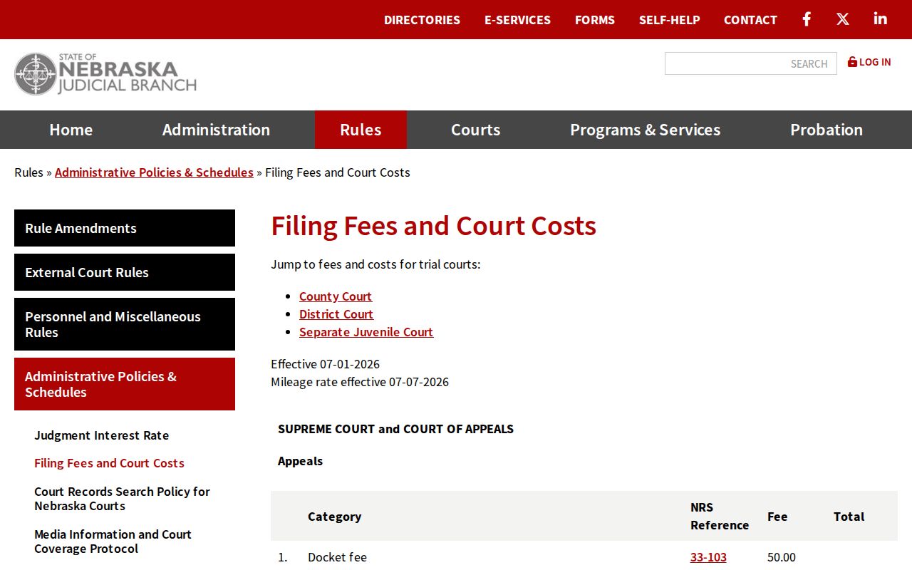 Hamilton County civil court docket Nebraska fee schedule