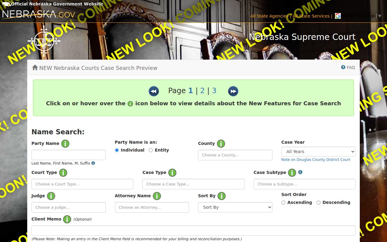 Hamilton County case search fields in the Nebraska JUSTICE docket demonstration
