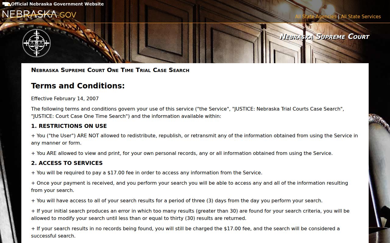 Hamilton County case search terms for the Nebraska JUSTICE court docket service